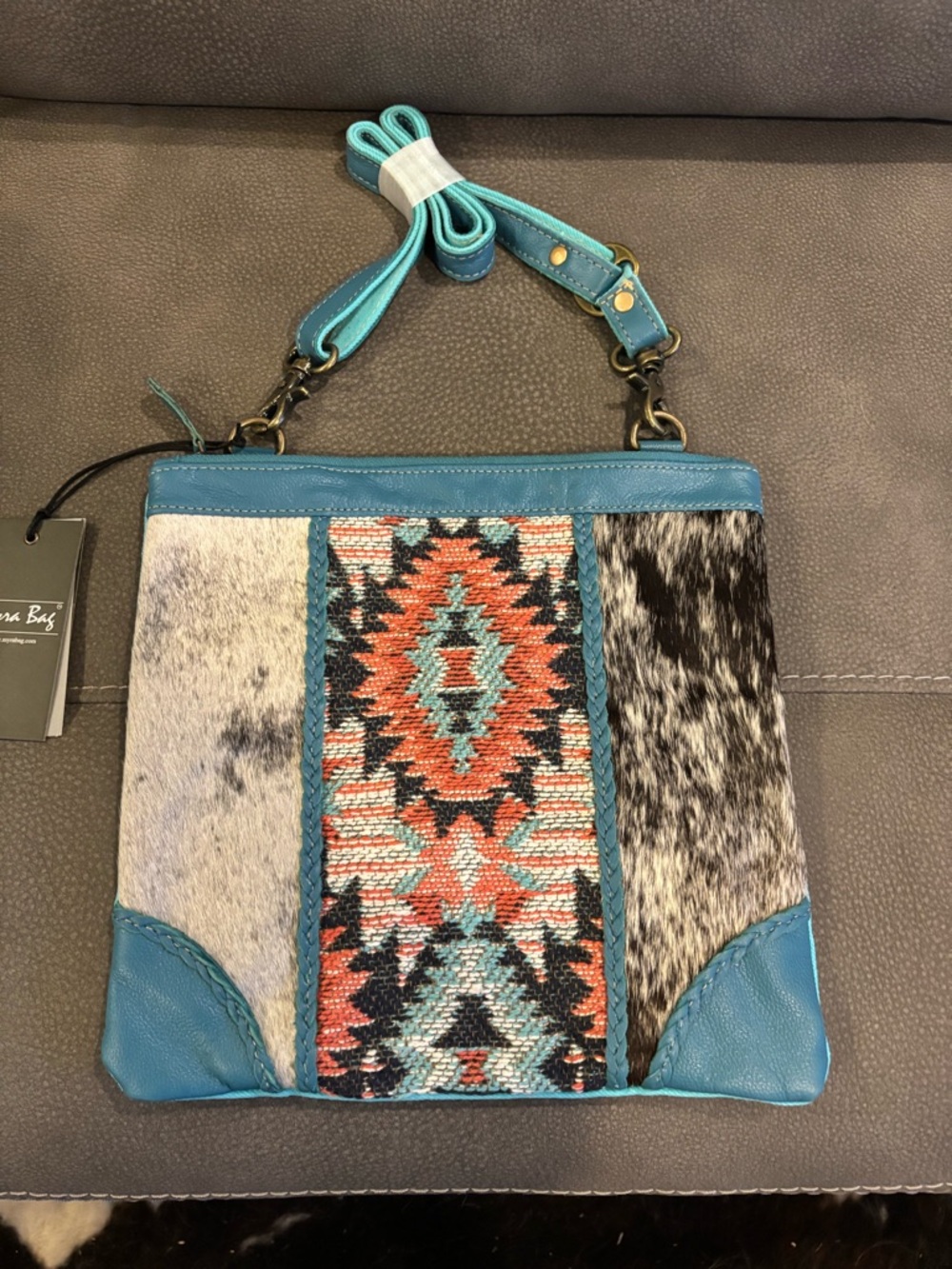 Myra southwest cowhide,leather and canvas bag NWT